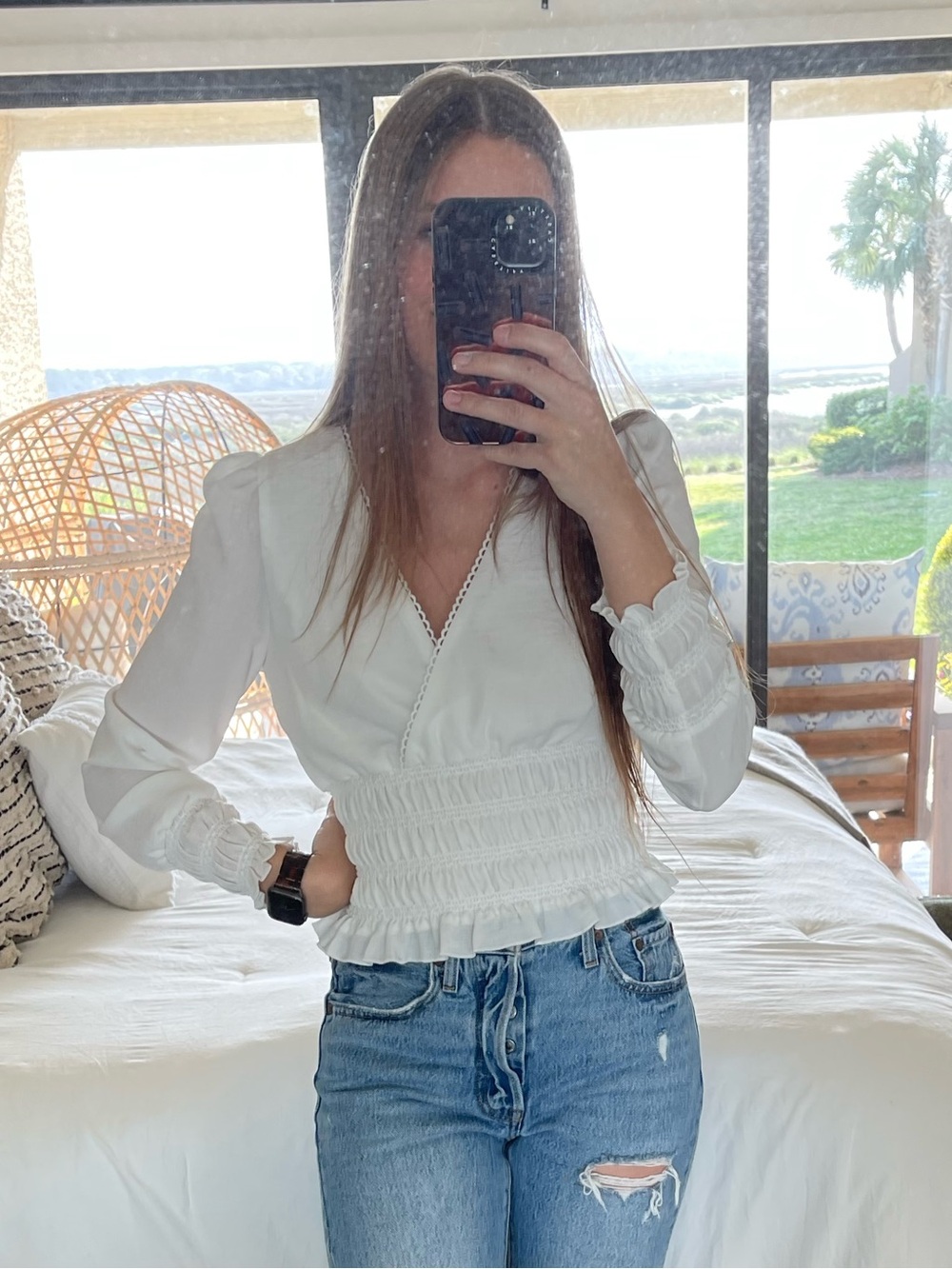 Wayf Cream Smocked Wrap Blouse